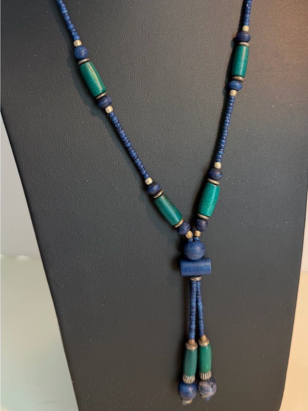 VTG Tibetan Glass Stone Blue Green Hook Clasp Tribal Beaded Tassel Necklace